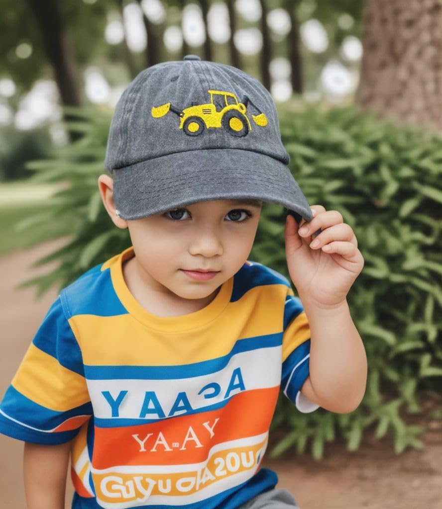 Construction Site Vehicles Hats for Boys Girls Age 3-10, Adjustable Vintage Embroidered Kids Baseball Cap