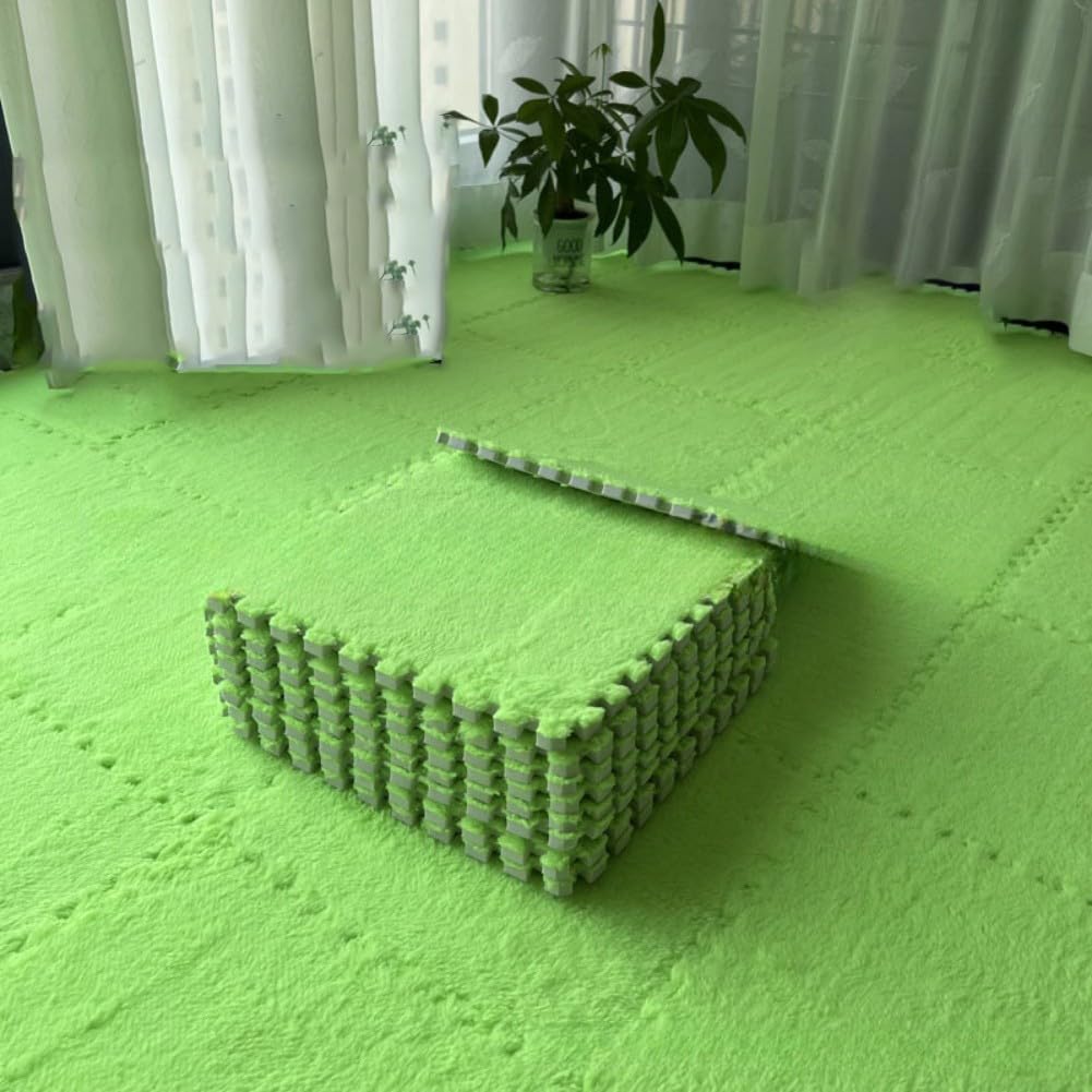 Interlocking Plush Foam Floor Mat, Cuttable Jigsaw Carpet Tiles, Thickened Anti-Slip Flannel Flooring for Nursery Bedroom Living Room, Safe for Babies and Pets(_FLUORESCENT GREEN) — image 1
