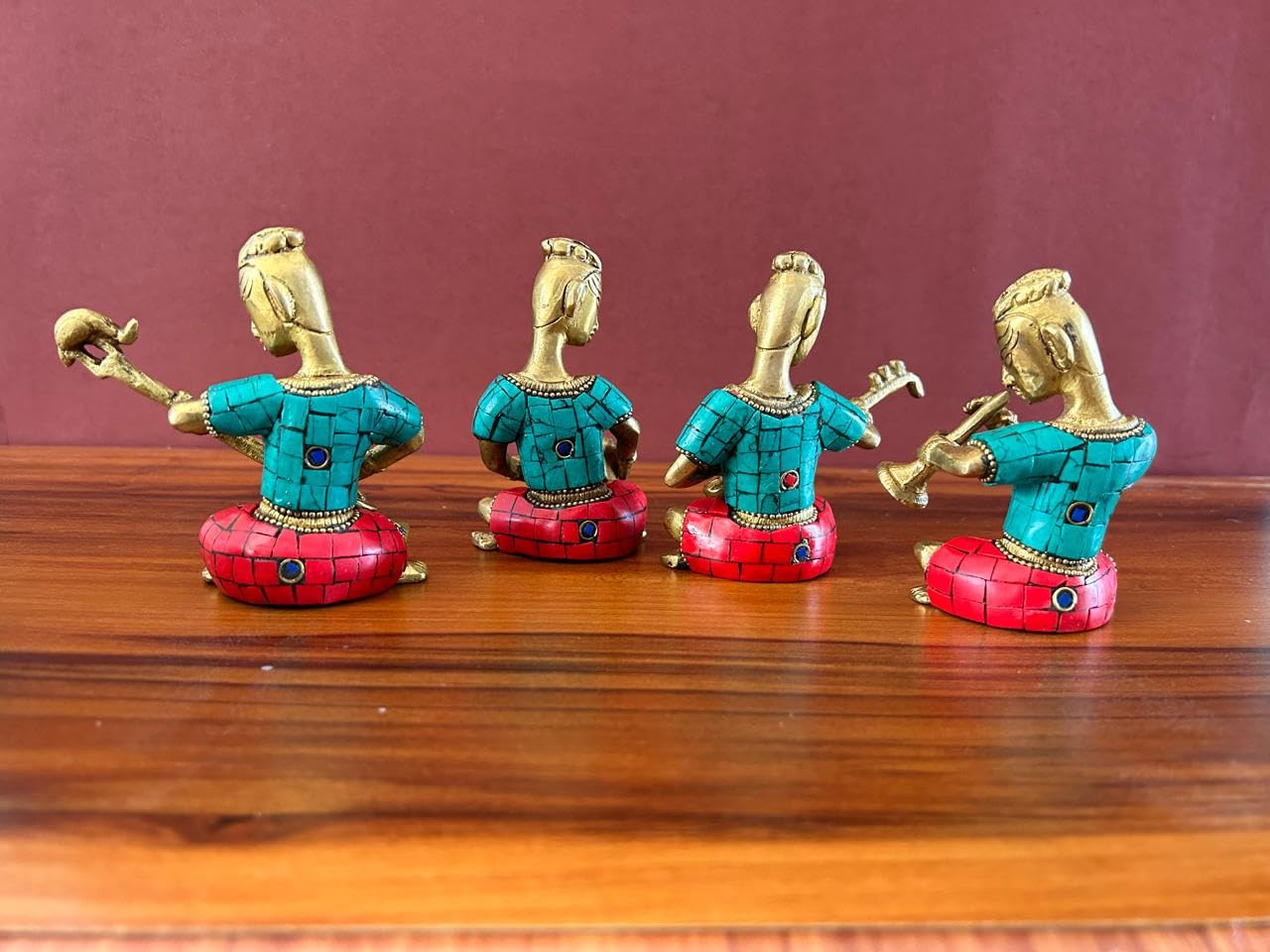 Joyful - Set musicale in ottone con lavorazione in pietra, 4 pezzi, collezione di idoli musicisti per matrimonio, regalo di nozze, set musicista in ottone, 11,4 cm, decorazione per la casa
