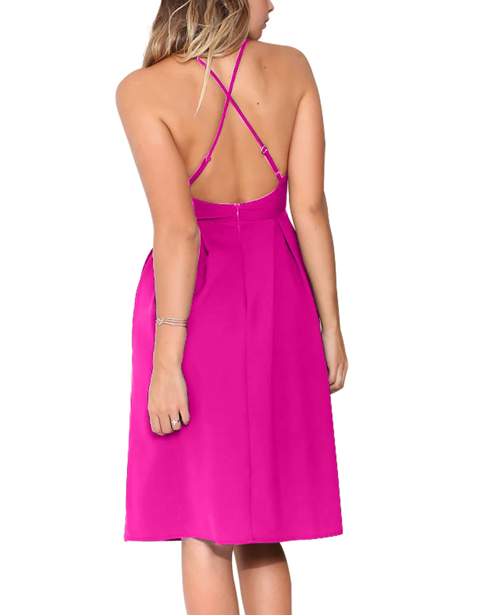 Eliacher Women's Deep V Neck Adjustable Spaghetti Straps Summer Dress Sleeveless Sexy Backless Party Dresses with Pockets