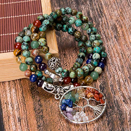 image for Bivei 108 Mala Beads Bracelet - 7 Chakra Tree of Life Real Healing Gem