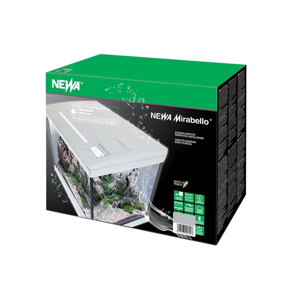 Acquario Newa Mirabello per Pesci Rossi Tropicali 40 Litri Completo di Luce a Led Filtro e riscaldatore (Bianco)