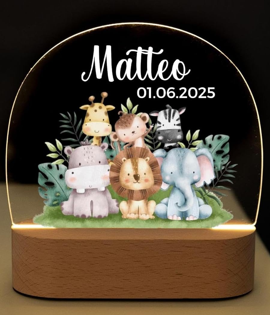 Bärenfreunde® - Personalisiertes Nachtlicht für Babys - Individuelle Nachttischlampe für Kinder - Personalisierte Geschenke Kinder - Babygeschenk - Geschenk zur Geburt (Safari Tierfamilie)