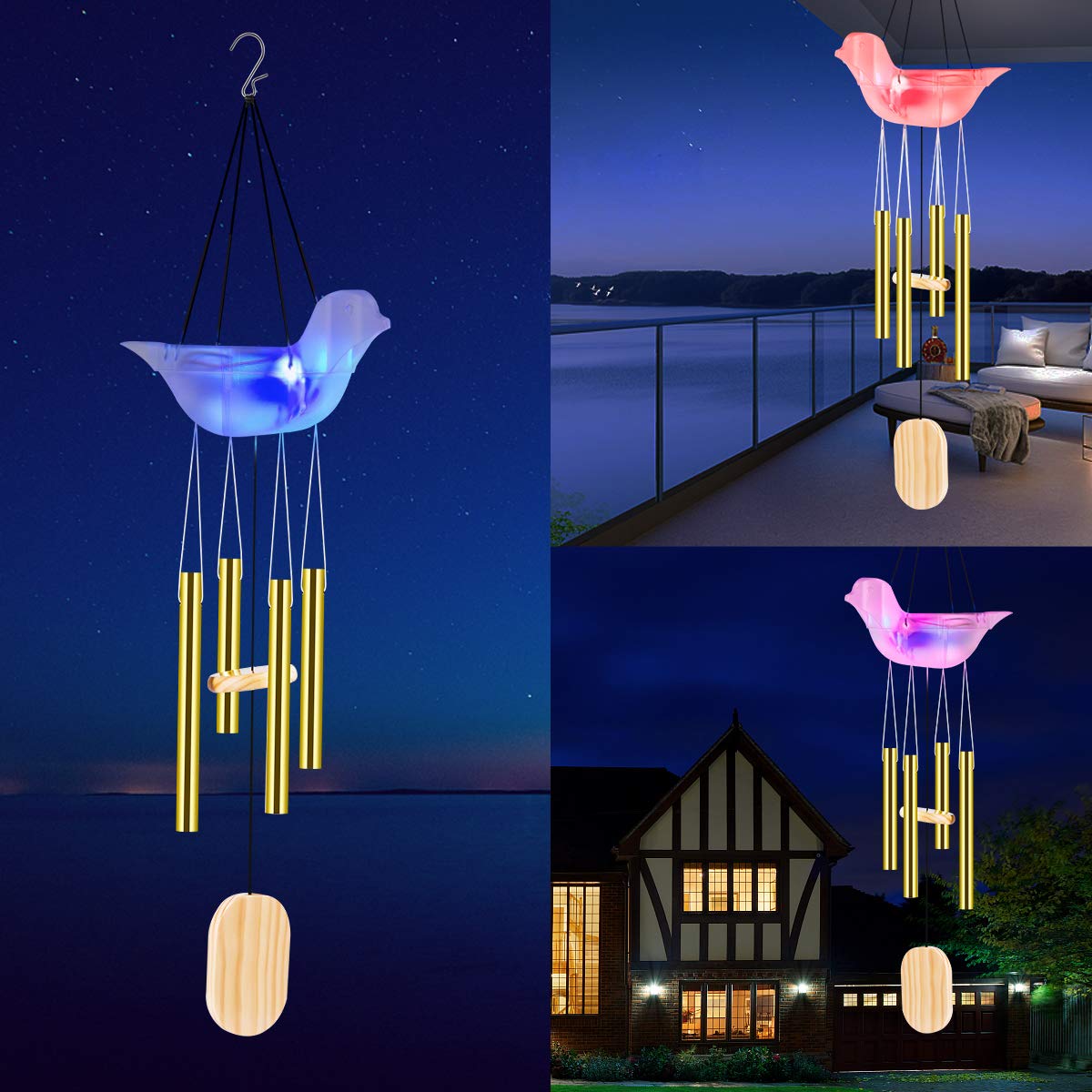 Kearui Wind Chimes for Outside, Solar LED Color Changing Bird Wind Chimes, Happy Christmas Birthday Gifts for Women Mom Grandma, Unique Decorations for Home Party Yard Garden Hanging Decor