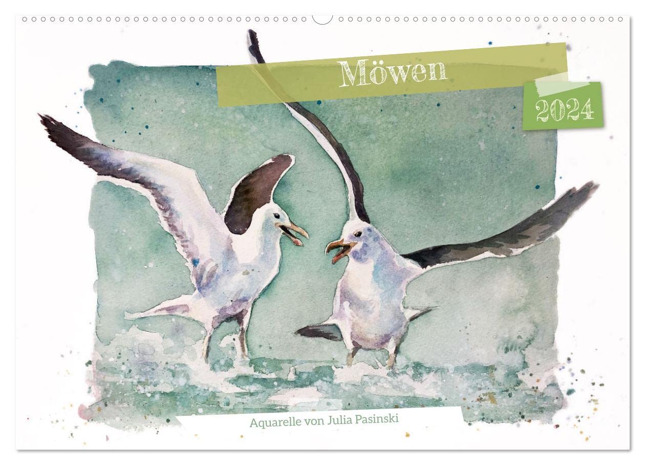 Möwen - Aquarelle von Julia Pasinski (Wandkalender 2024 DIN A2 quer), CALVENDO Monatskalender: Zwölf Möwenmotive begleiten Sie durch das Jahr