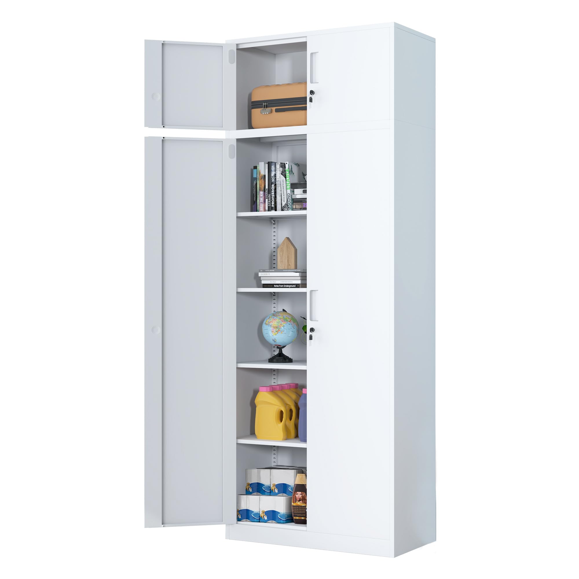 iJINGUR Metal Storage Cupboard with Locking Doors and 4 Adjustable Shelves, Extra Tall Lockable Steel Storage Cabinets for Home Office Garage Kitchen Pantry (White)