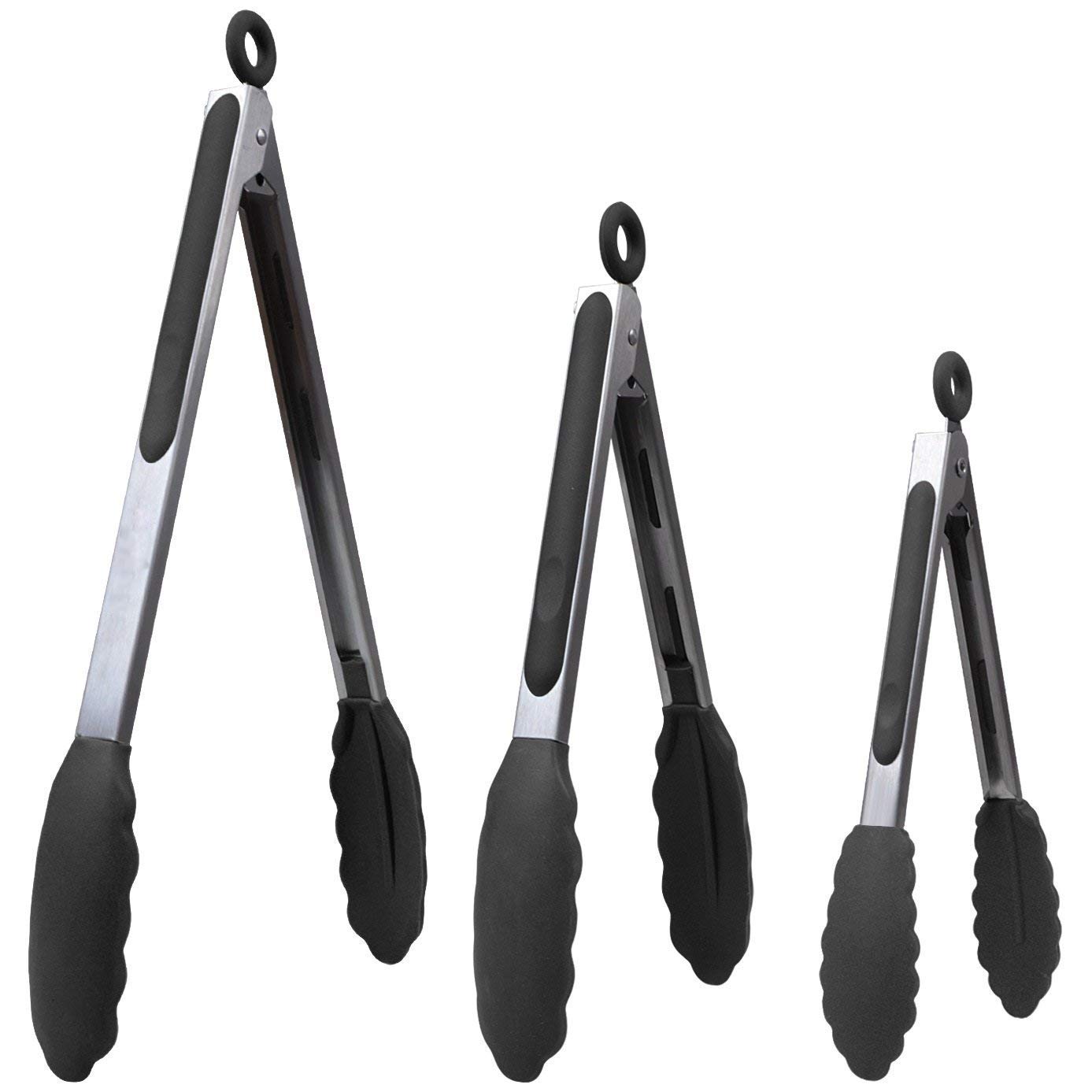 JOTEUS Silicone Food Tongs - Stainless Steel BBQ Kitchen Cooking Tongs with Silicone Tips 7 9 12 Inches (Black)