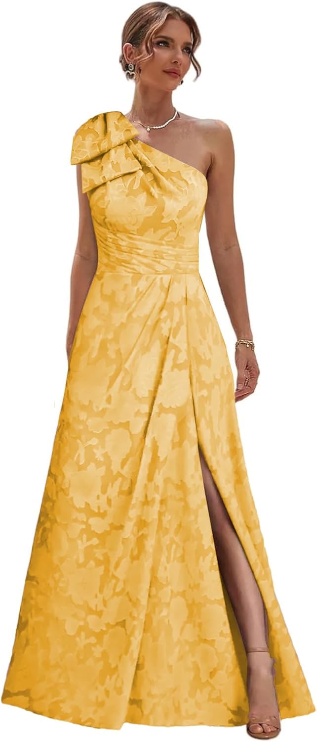 One Shoulder Floral Jacquard Mother of The Bride Dresses with Bow Pleated Chiffon Formal Evening Gowns with Slit