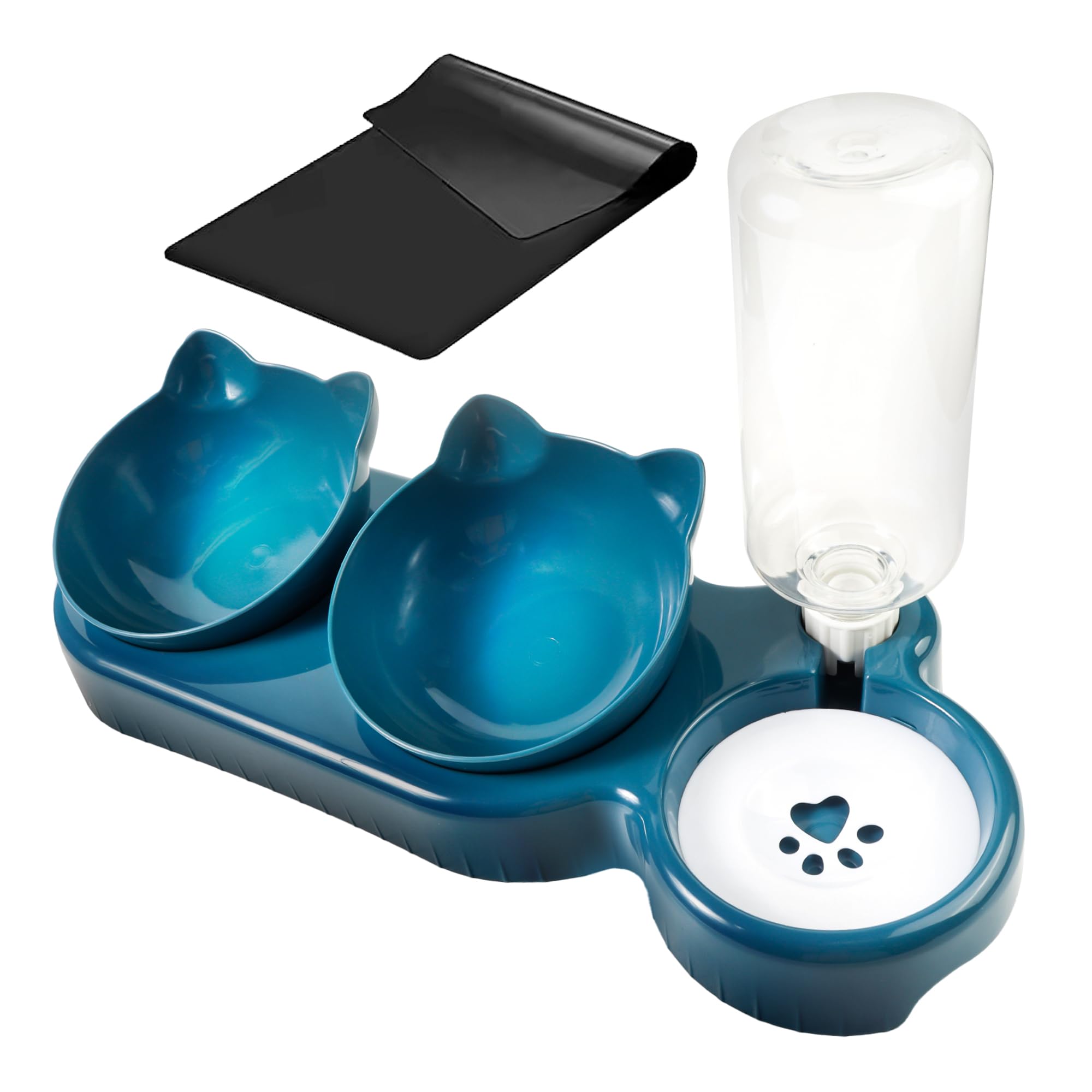 3-in-1 Cat Food And Water Bowl Set with Waterproof Mat - Raised Tilted Cat Bowls with Stand - Non-Slip Pet Food and Drinking Tray - Double Feeding Station with Water Dispenser for Cats & Small Dogs