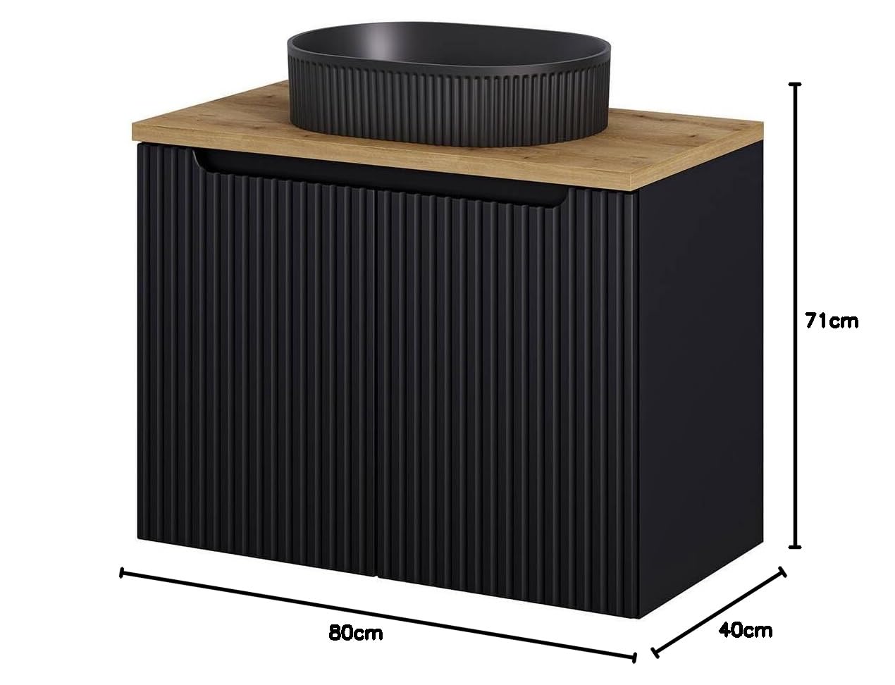 [en.casa] Conjunto Mueble de Baño con Lavabo Ovalado Newport Armario Bajo Baño Suspendido con 2 Puertas y Encimera 1 Lavabo de Cerámica Aglomerado 80x71x40 cm - Negro/Efecto Roble