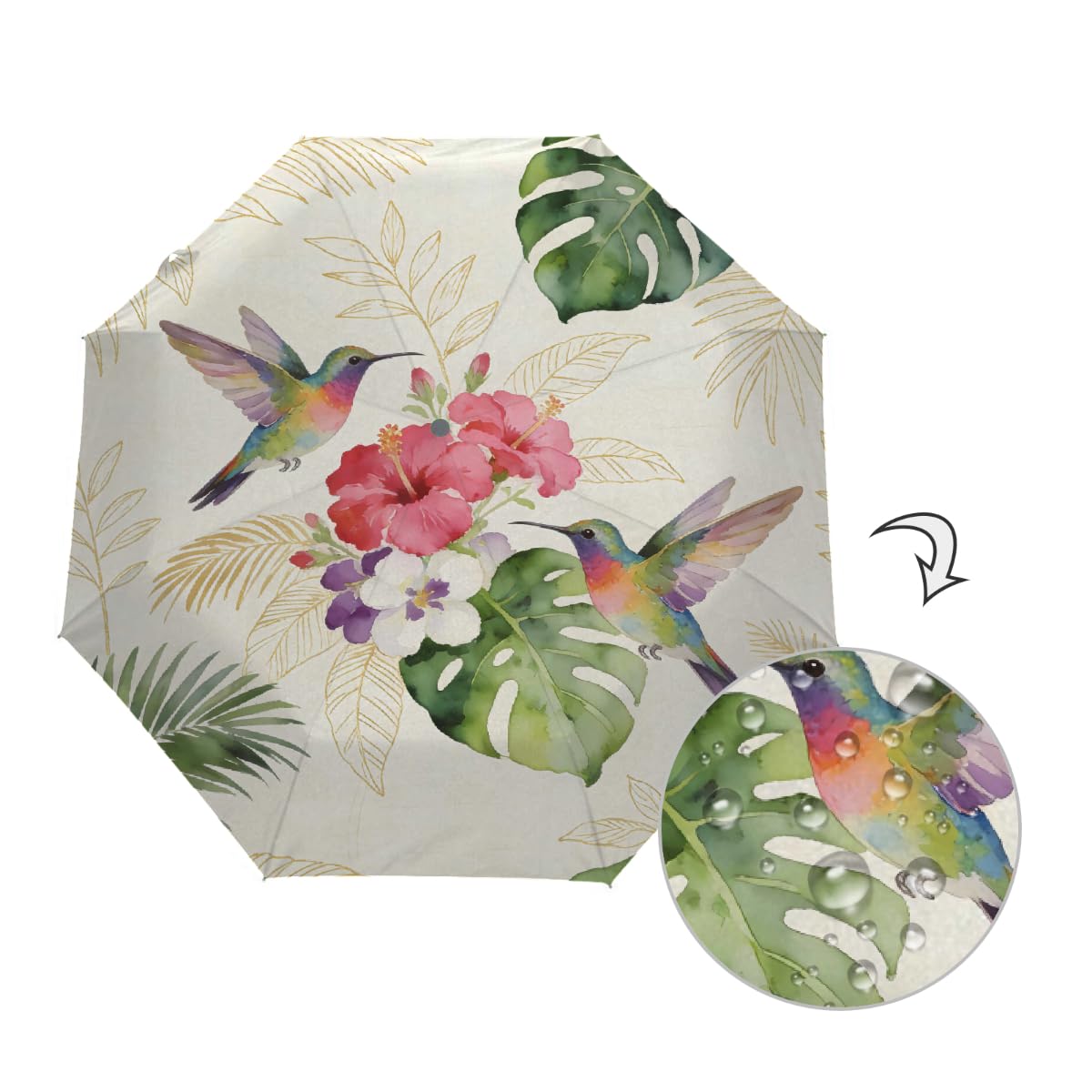 Ombrello estivo con colibrì ibisco, ombrello da viaggio, compatto, antivento, impermeabile, con protezione UV, rivestimento nero, leggero, 8 costole, portatile, per pioggia e sole
