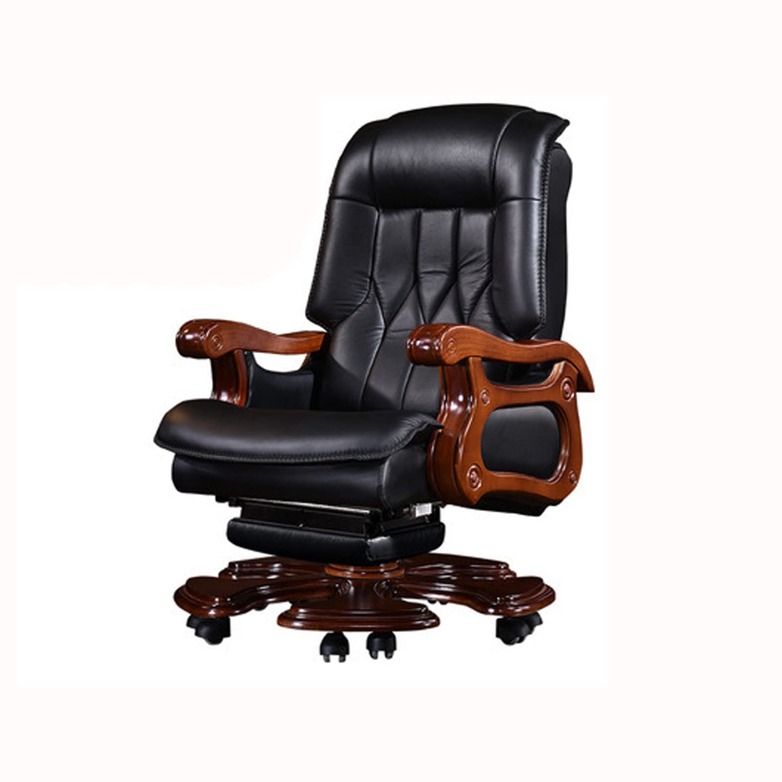 Executive Office Chair Ergonomic High Back Cowhide Leatherreclining Swivel Chair Solid Wood Computer Desk Chair with Armrest Padded