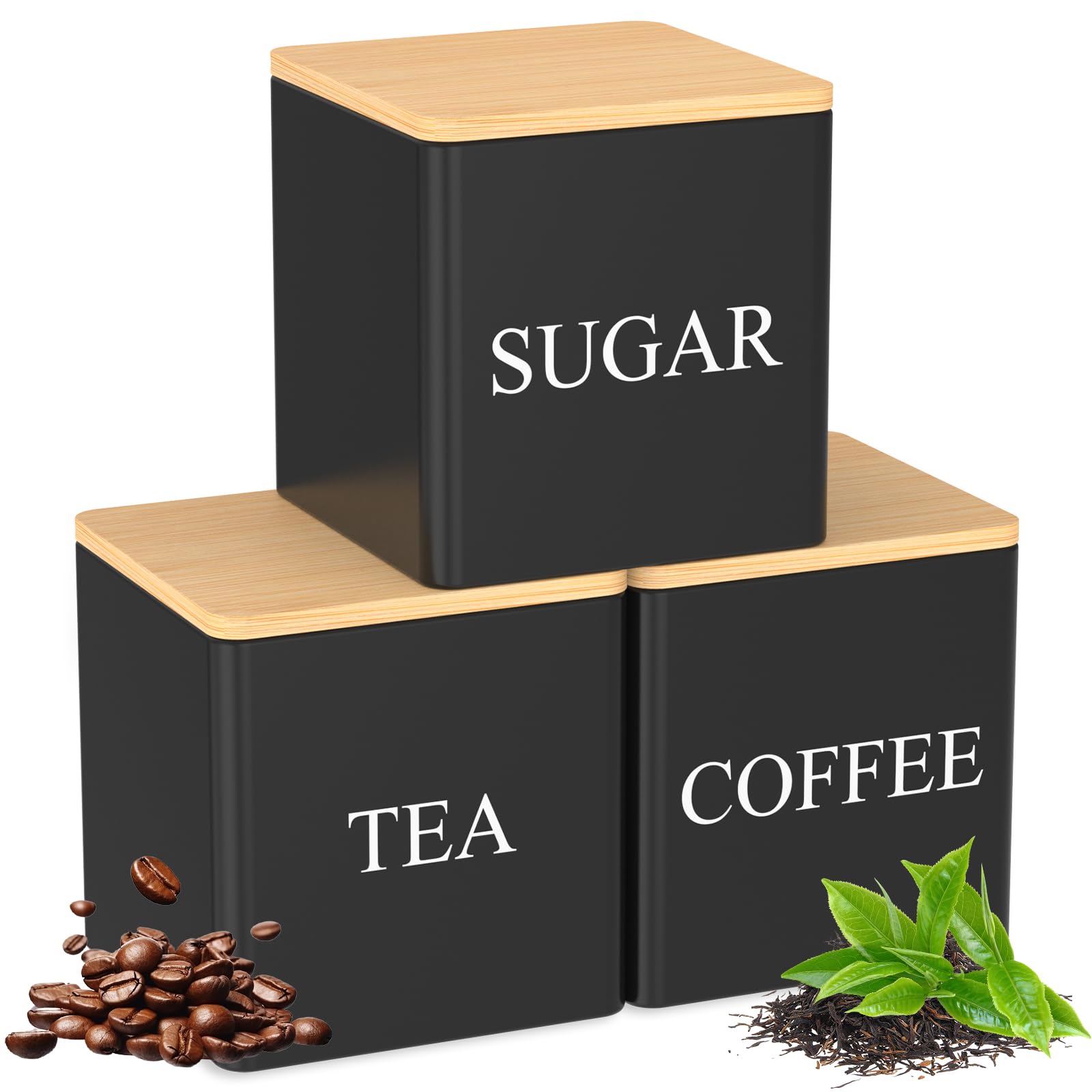 3Pcs Tea Sugar Coffee Canisters with Bamboo Lids, 500ml Vintage Tea Sugar Coffee Container Set, Space Saving Kitchen Canisters(Black)
