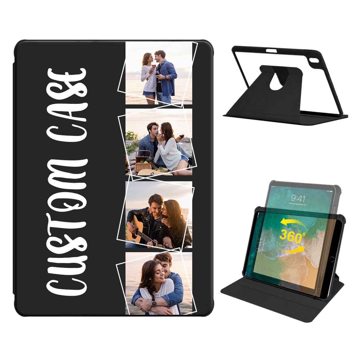 Customized Rotating Case for iPad 9.7 2014 2013 / iPad Air 2 / Air 1 with Collage Photo Multi-Picture 360° Rotate Stand Cover with Pencil Holder &