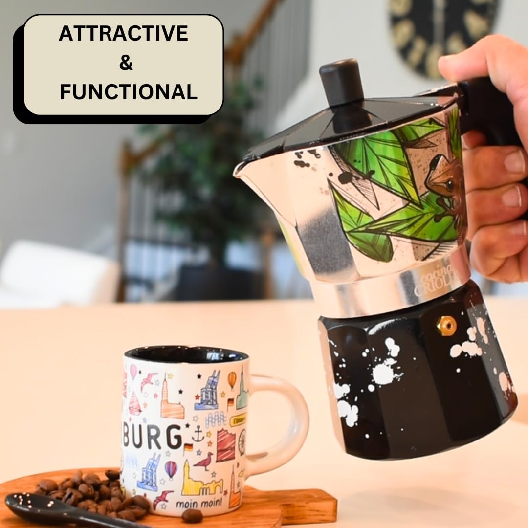 Puerto Rico Greca de Cafe Gift Set | Boricua Art by Joshua Montes Stovetop Coffee pot & Moka Pot with Authentic Café El Coqui and a Wooden Spoon | Cafetera | El Coqui, 6 Espresso Cups