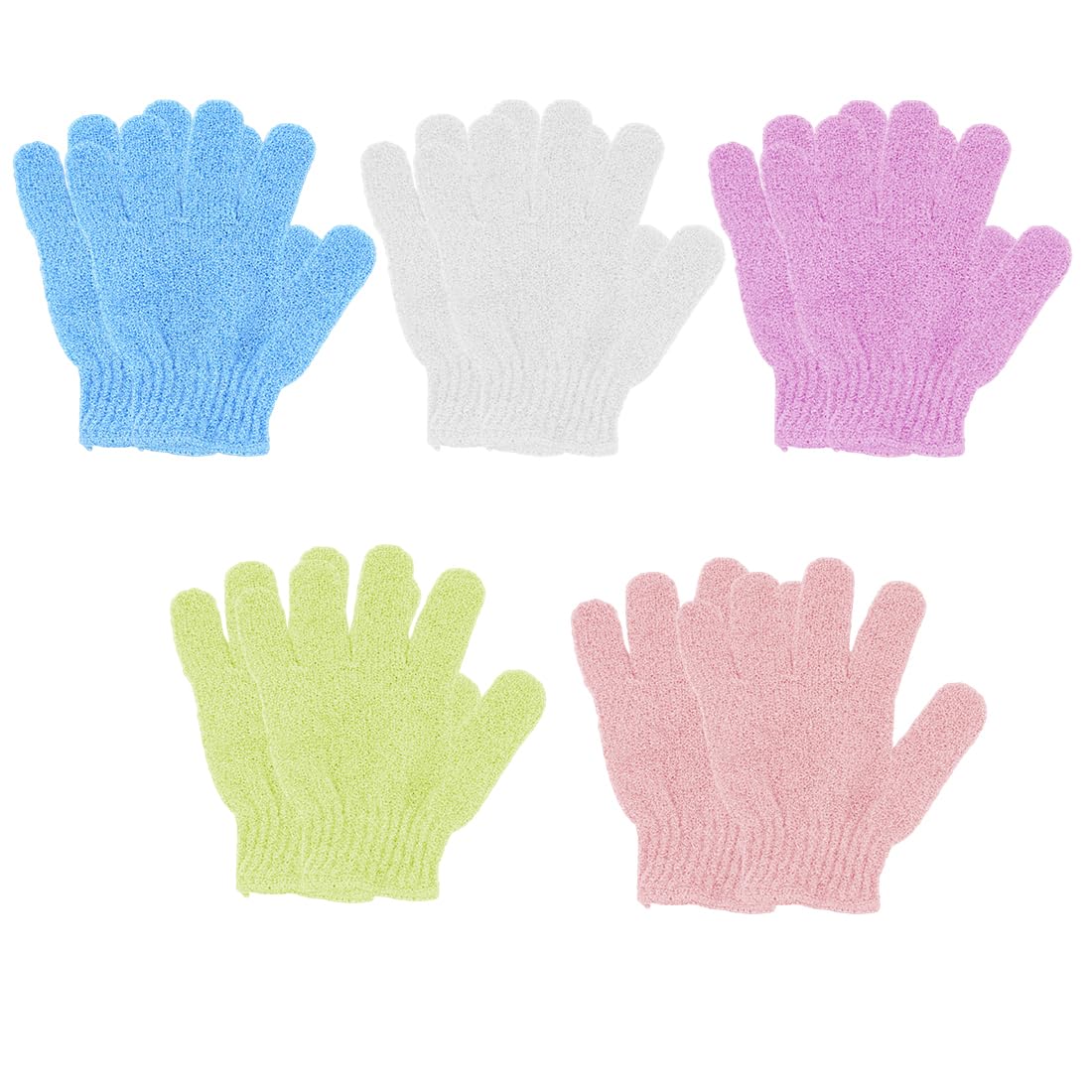 QEDBOJE 10 Piezas Guante Exfoliante Corporal, Manoplas Baño Exfoliantes para Exfoliar Cuerpo y Cara, Guantes De BañO De Cinco Dedos para Mujeres, Ducha, Spa, Masaje (Blanco+Rosa+Morado+Verde+Azul)