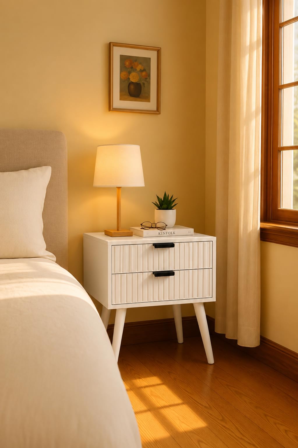 Wooden Bedside Table for Bedroom | Line Design EndTable with 2 Drawers for Home |Premium Engineered Wood & Wood Legs | Side Table for Living Room (White)-image-34