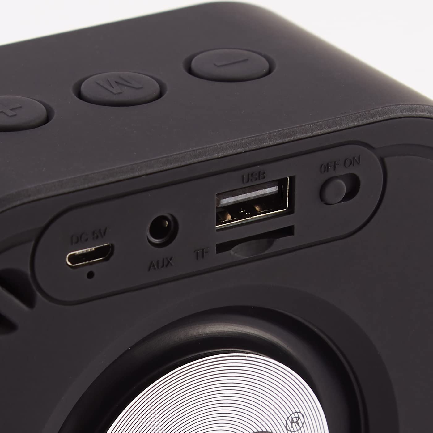 Close-up of RD B-42 speaker ports and power switch