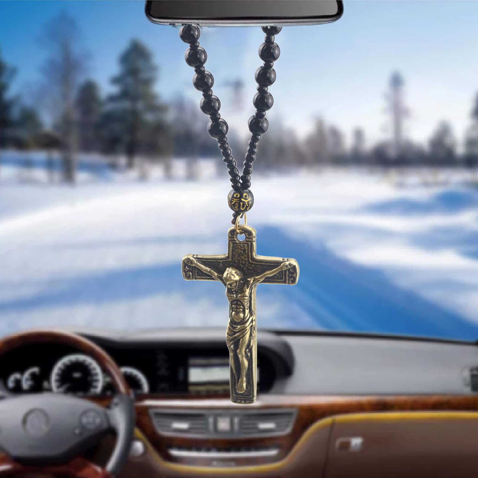 FuoruisiFuoruisi Cross Pendant Necklace Car Charm for Rear View Mirrors,Pure Copper Car Pendant Hanging Cross with Accessories Crutifix,Home Decoration for car Rearview Mirror with Birthday Gift