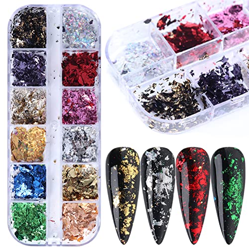 Holographic Nail Glitter Foils, 12 Colors Sparkly Ultra-Thin Aluminum Foil Nail Art Flakes Design, Laser Nail Sequins Acrylic Supplies for Women Girls Manicure Charms Decorations, DIY 3D Nail Art Tips - Image 7