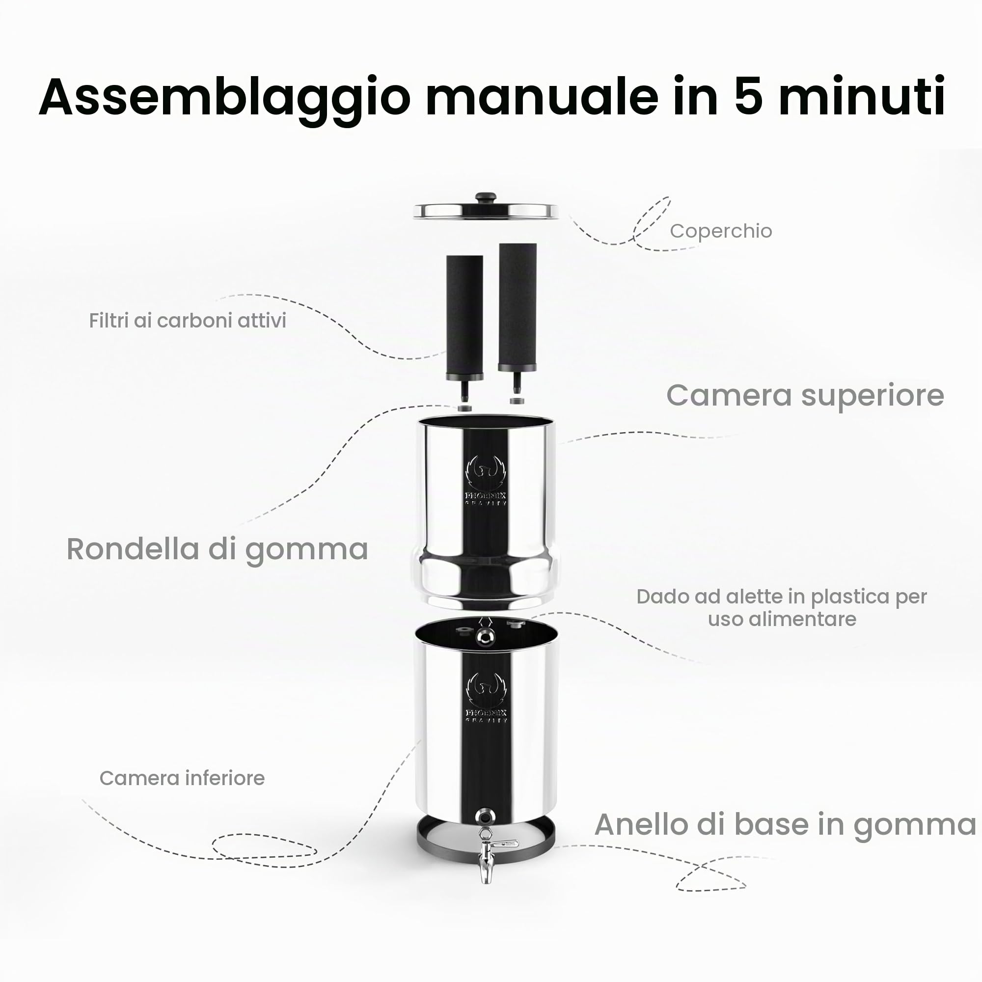 Phoenix Gravity Filtro per acqua potabile in acciaio inossidabile alimentato a gravità + 12 litri certificato NSF AISI 304 sistema di filtraggio dell'acqua da banco con 2 filtri a carbone intelligenti