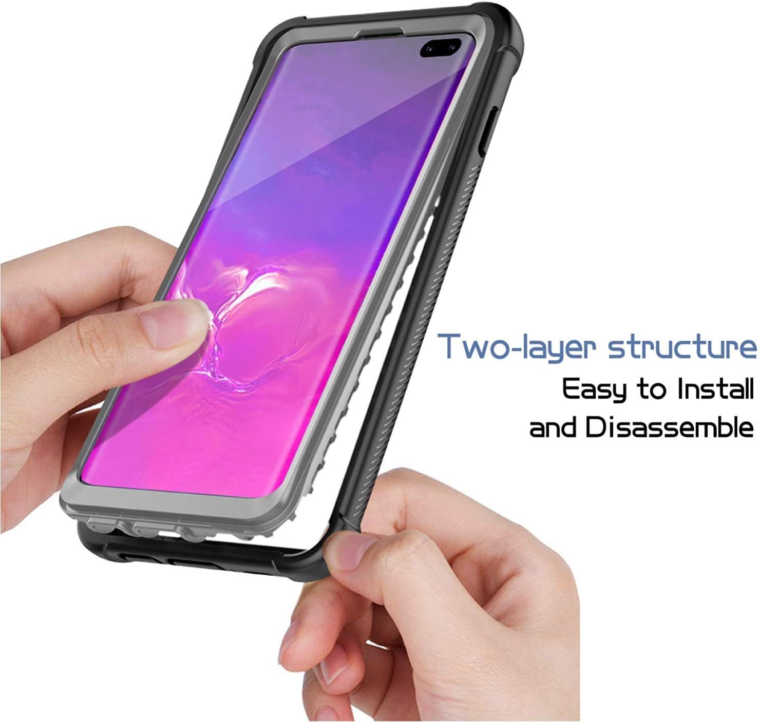 Temdan Samsung Galaxy S10 Case, Built-in Screen Protector Full Body Protect Support Wireless Charging,Heavy Duty Dropproof Shockproof Case for Samsung Galaxy S10 2019 (Clear/Black)