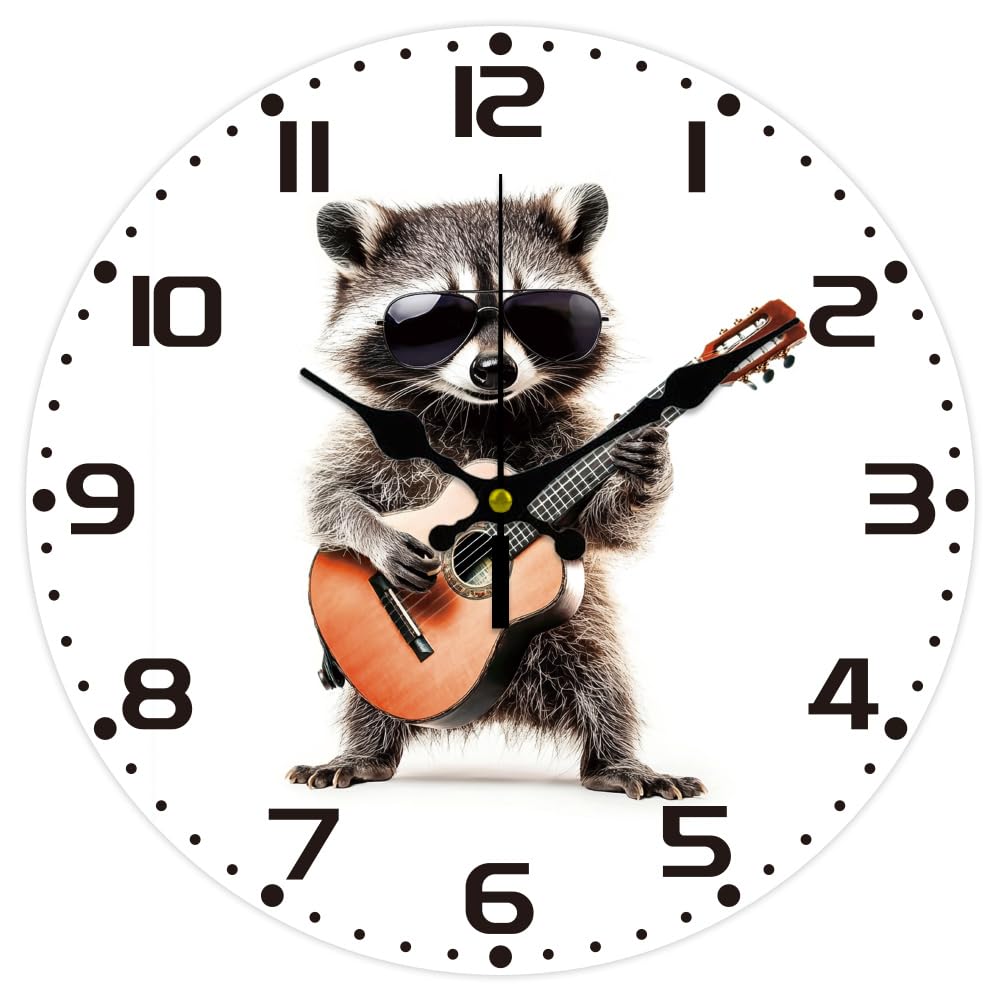 CHGCRAFT Banksy Raccoon Wall Clock 12 Inch Battery Operated Wall Clocks Guitar Non Ticking Silent Clock Decorative Clocks for Living Room Office