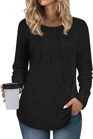 Anyhold Womens Long Sleeve Tunic Tops Loose Fit Dressy Casual Pleated Blouses to wear with Leggings