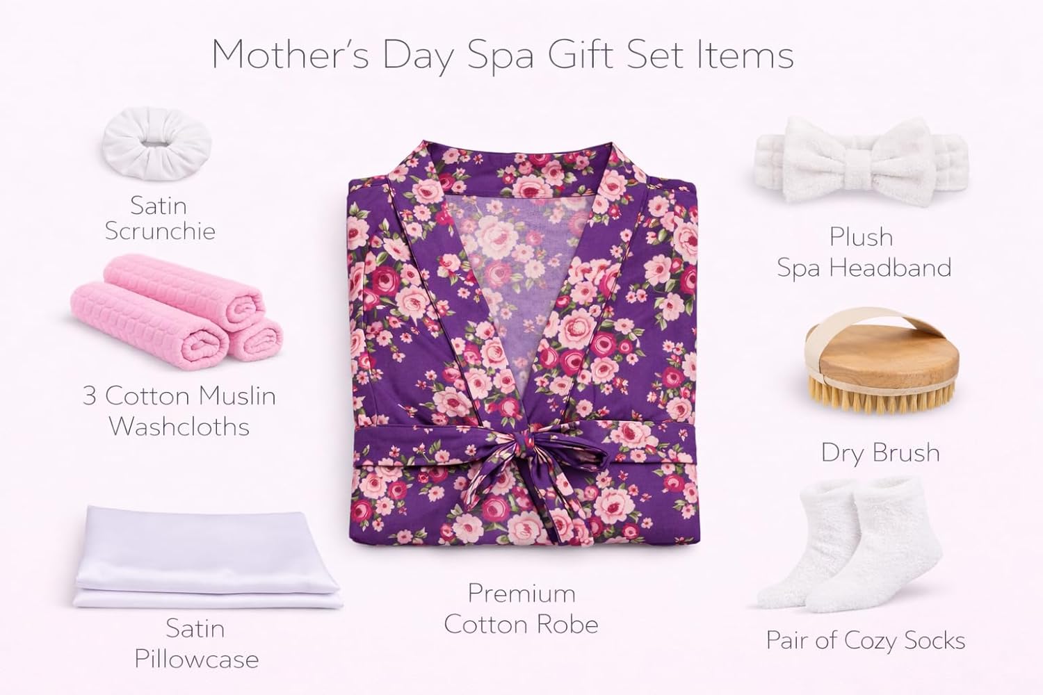 Mother’s Day Spa Gift Set for Women – Luxury Self Care Gift "Basket", Purple Floral Cotton Robe, Satin Pillowcase, Scrunchie, Headband, Fuzzy Socks, Dry Brush, Washcloths, Gift Bag