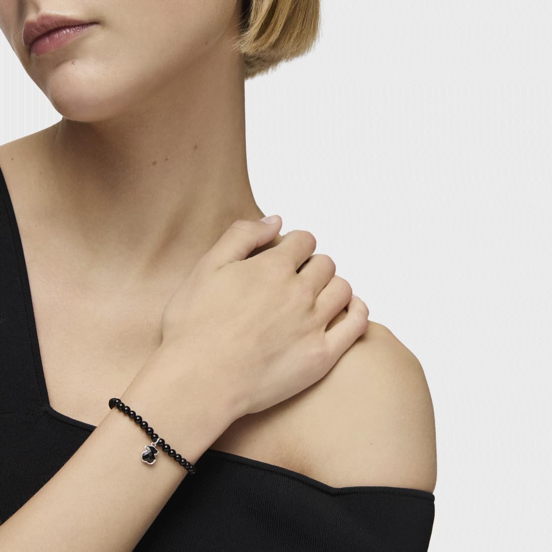 TOUS Bracciale elastico con gemme onice da donna con motivo a orso in argento sterling 925 classico e puro, collezione Icon Color, Pietra Pelle Argento Pietra Pelle