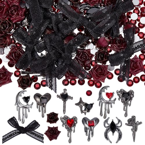 SOFPLATE 1 Box 70Pcs Gothic Nail Charms Halloween Nail Art Decorations 3D Cross Moon Star Heart Spider Gems Resin Flowers Velvet Bows Flatback Rhinestones Accessories for Women Halloween DIY Crafts