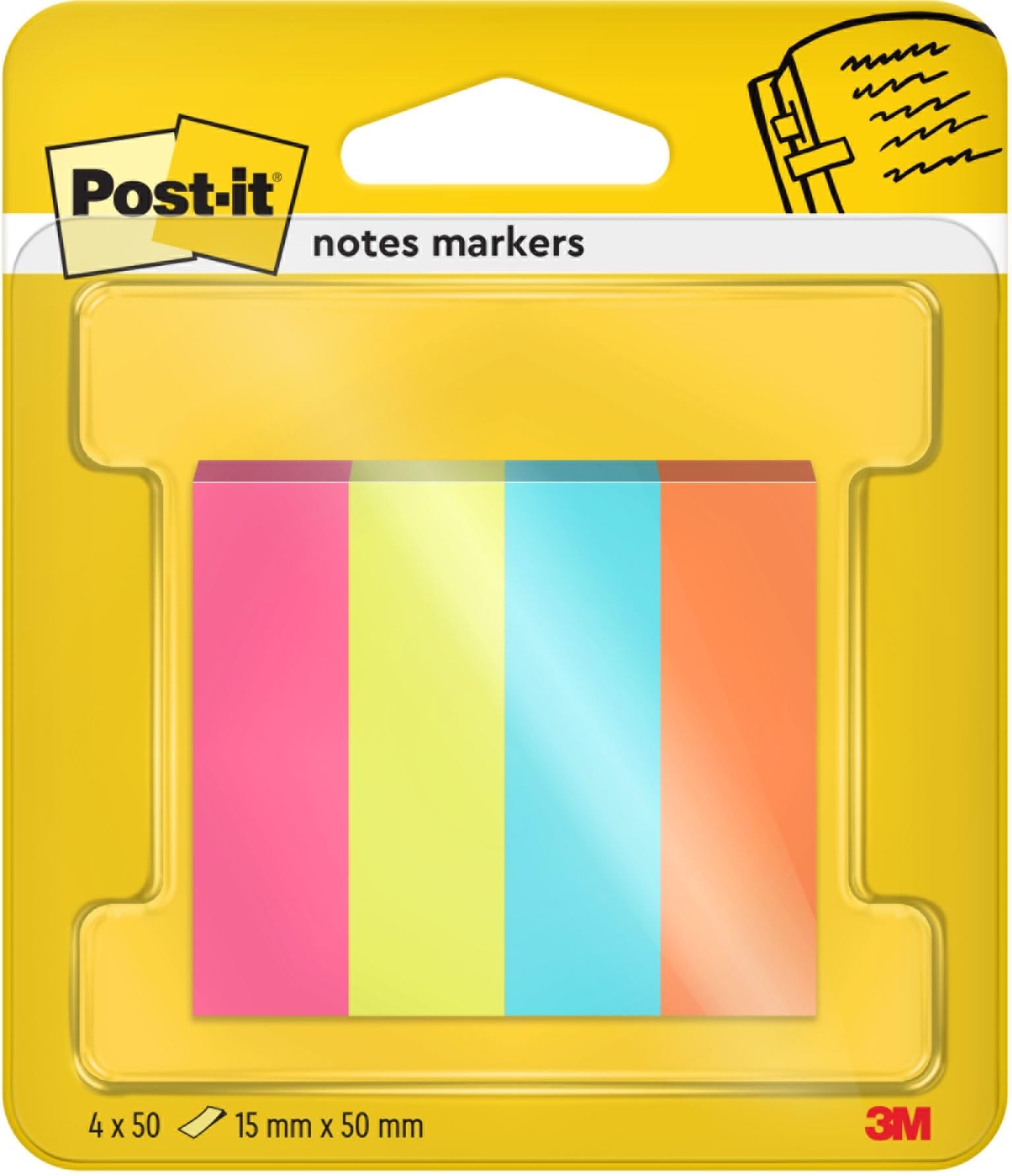 Post-it Notes Markers - 4 Pads x 50 Sheets - Blue, Orange, Pink, Yellow - 15x50mm