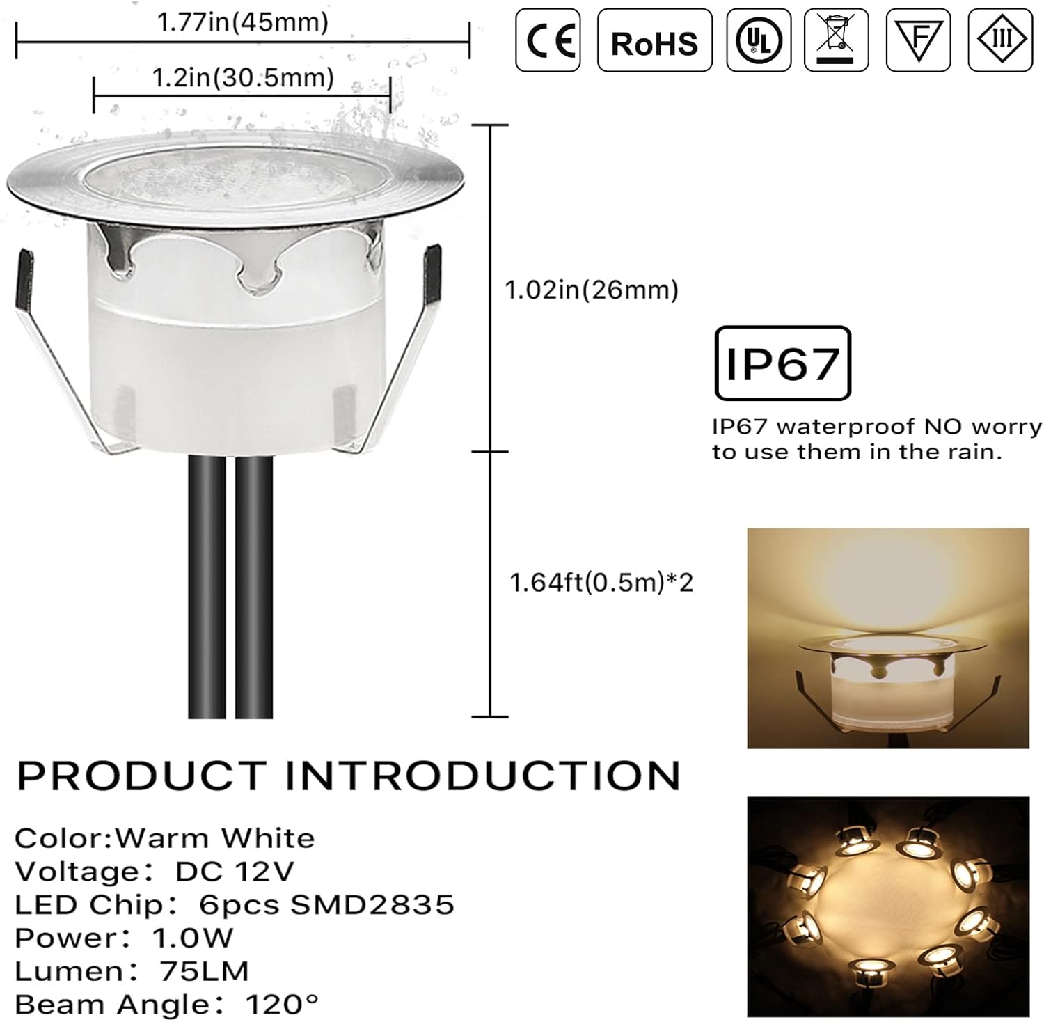 LED Outdoor Deck Lights Kits, Warm White Φ1.77in Low Voltage 12V DC IP67 Waterproof, Electric Wired Recessed Round Up Landscape Lighting for Outside Yard Stair Step Floor Riser, 12 Pack Silver