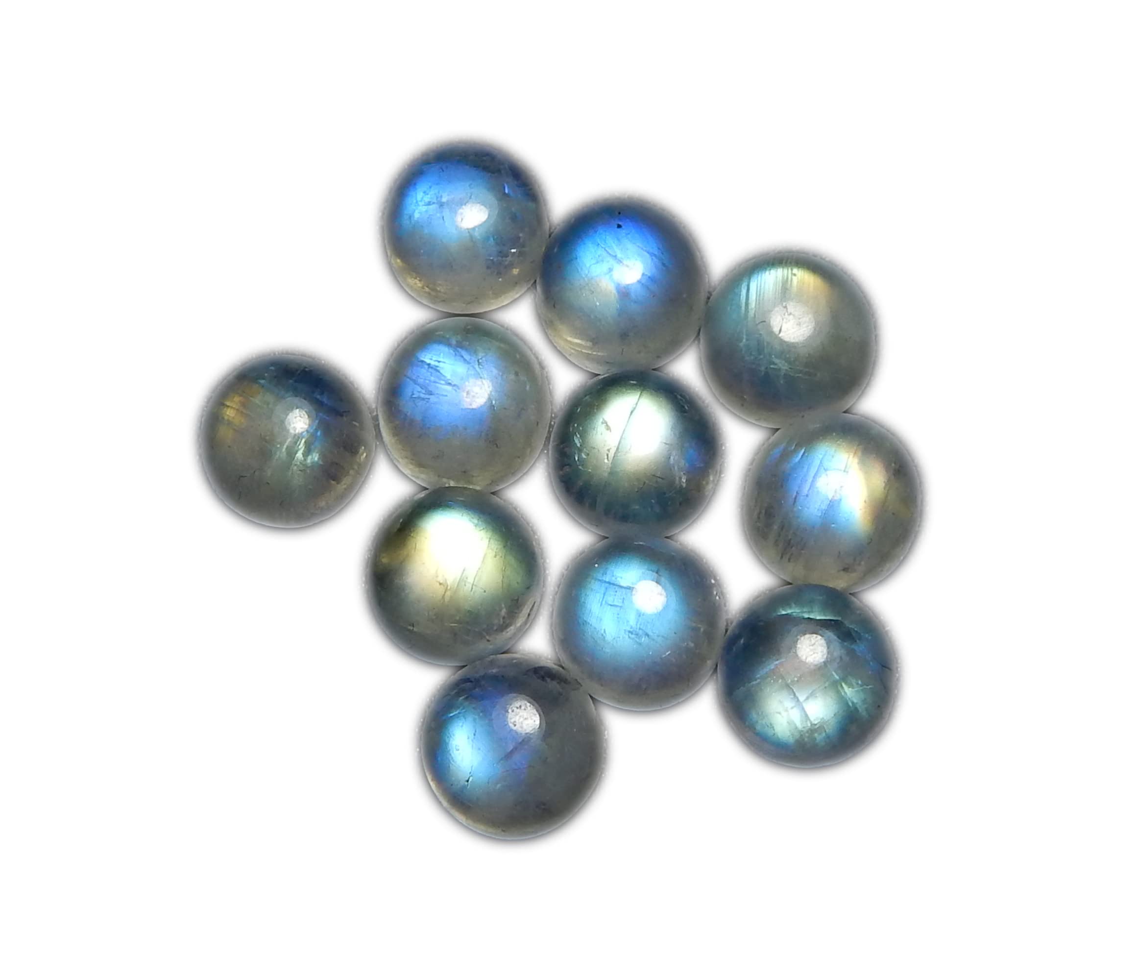 7mm Round Blue Fire AAA Quality Natural Rainbow Moonstone Calibrated Cabochon Loose Gemstone 11 pcs Box.