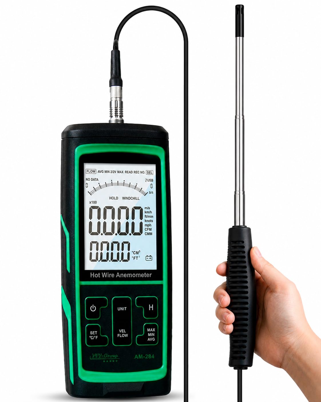 hot wire anemometer am-284 – hvac airflow meter for duct and vent testing, cfm/cmm air volume calculation, wind speed & temperature measurement, straight telescopic probe, usb pc software