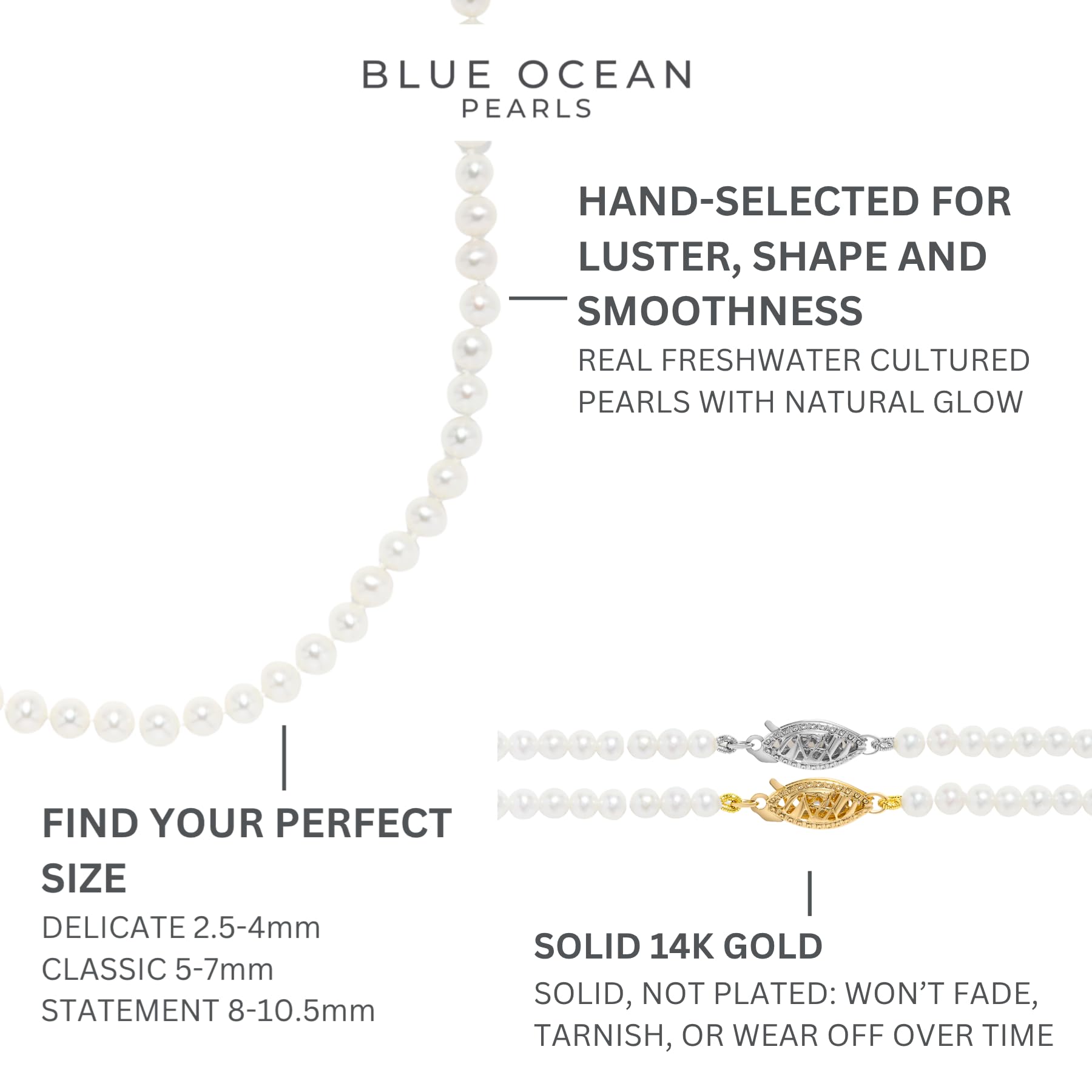 Perlenkette aus 14 Karat Gelbgold und Weißgold, Süßwasser-Zuchtperle, rund, 2,5 - 3 mm, 45,7 cm