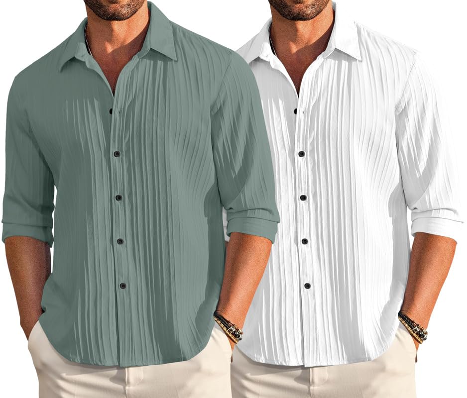 Image of FINIVO FASHION Men's Cotton Blend Shirt Set Lightweight, Full Sleeves, Plain Texture, Button Closure, Summer Ready (Pack of 2)