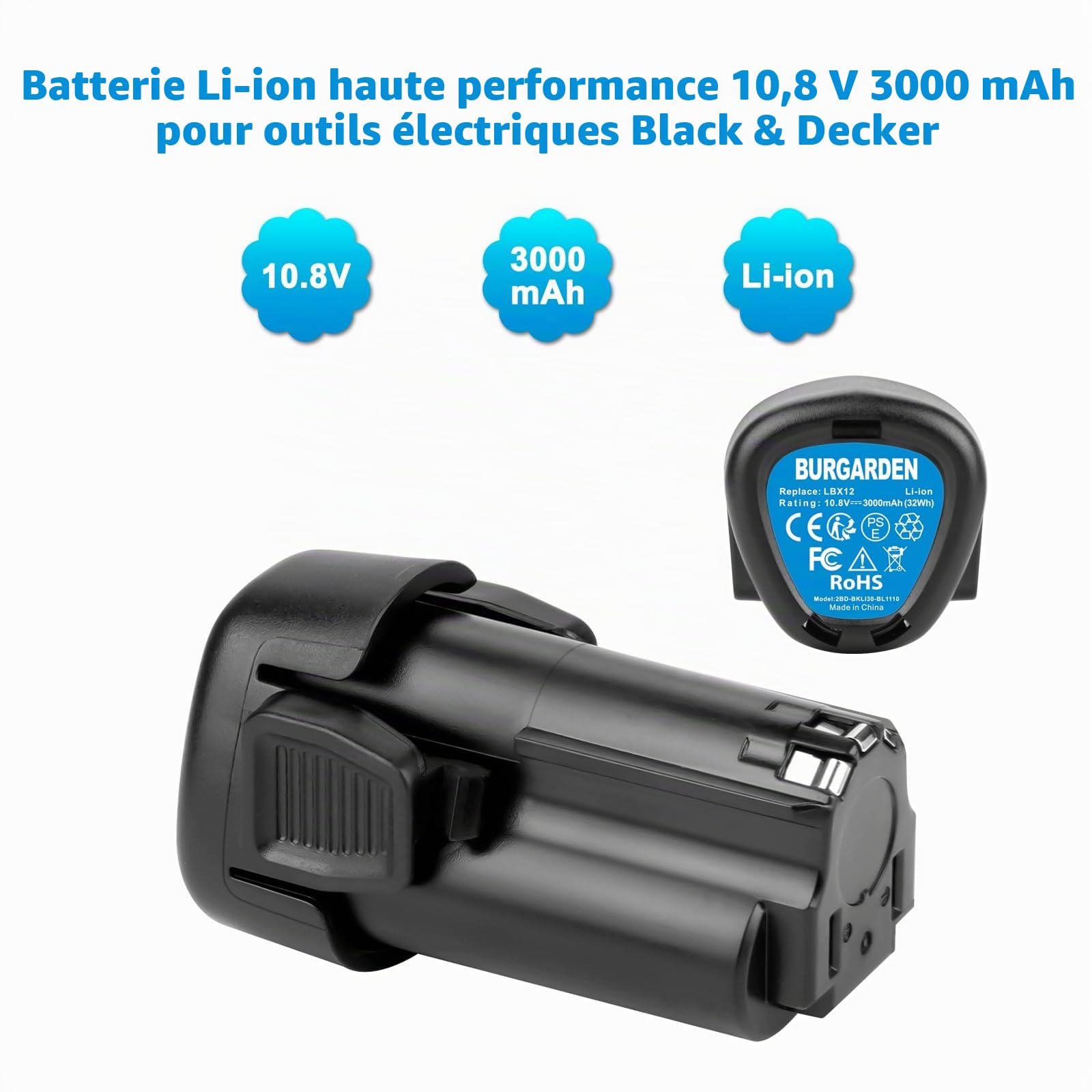 2 Pièces 10.8V 3000mAh Li-ION Batteries pour Black & Decker BL1510 BL1110