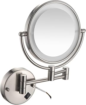 Wall Mounted Lighted Makeup Mirror, Hardwired Double Sided Magnifying Vanity Mirror Extended Arm 360 Swivel LED Shaving Mirror,Brushed Nickel,10X