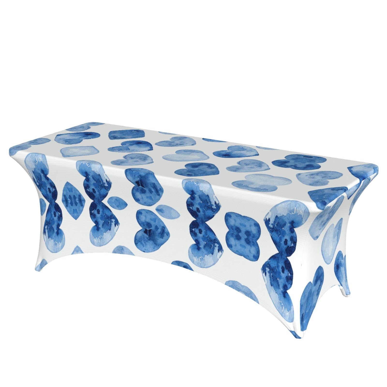 QMKFWT Hand Drawn Blue Heart Decorative Tablecloth Protector for Wedding, Banquet & Parties6FT Spandex Rectangle Tablecloths, Stretch Washable Table Cloth Wrinkle Free Patio Table Cover