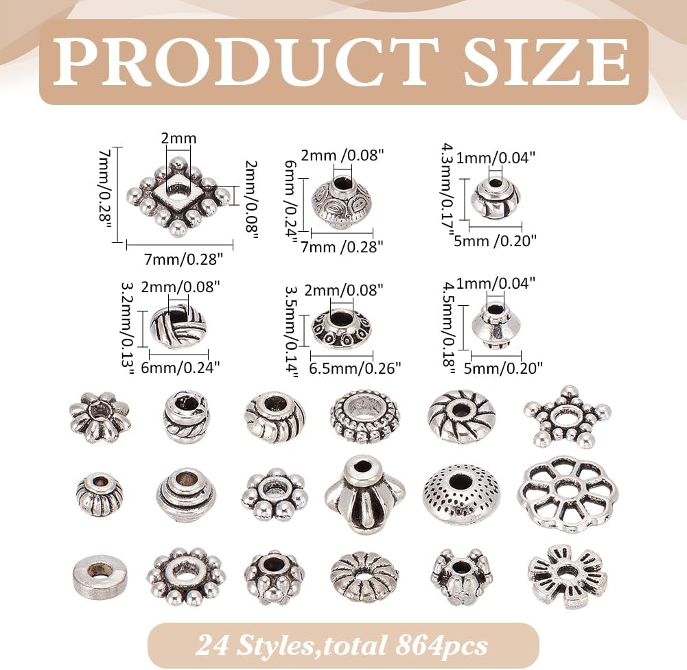 864Pcs 24 Styles Tibetan Style Alloy Spacer Beads Metal Antique Silver Flat Round Bicone Flower Charm Spacers Loose Beads for Jewelry Making Bracelets Necklace DIY Craft