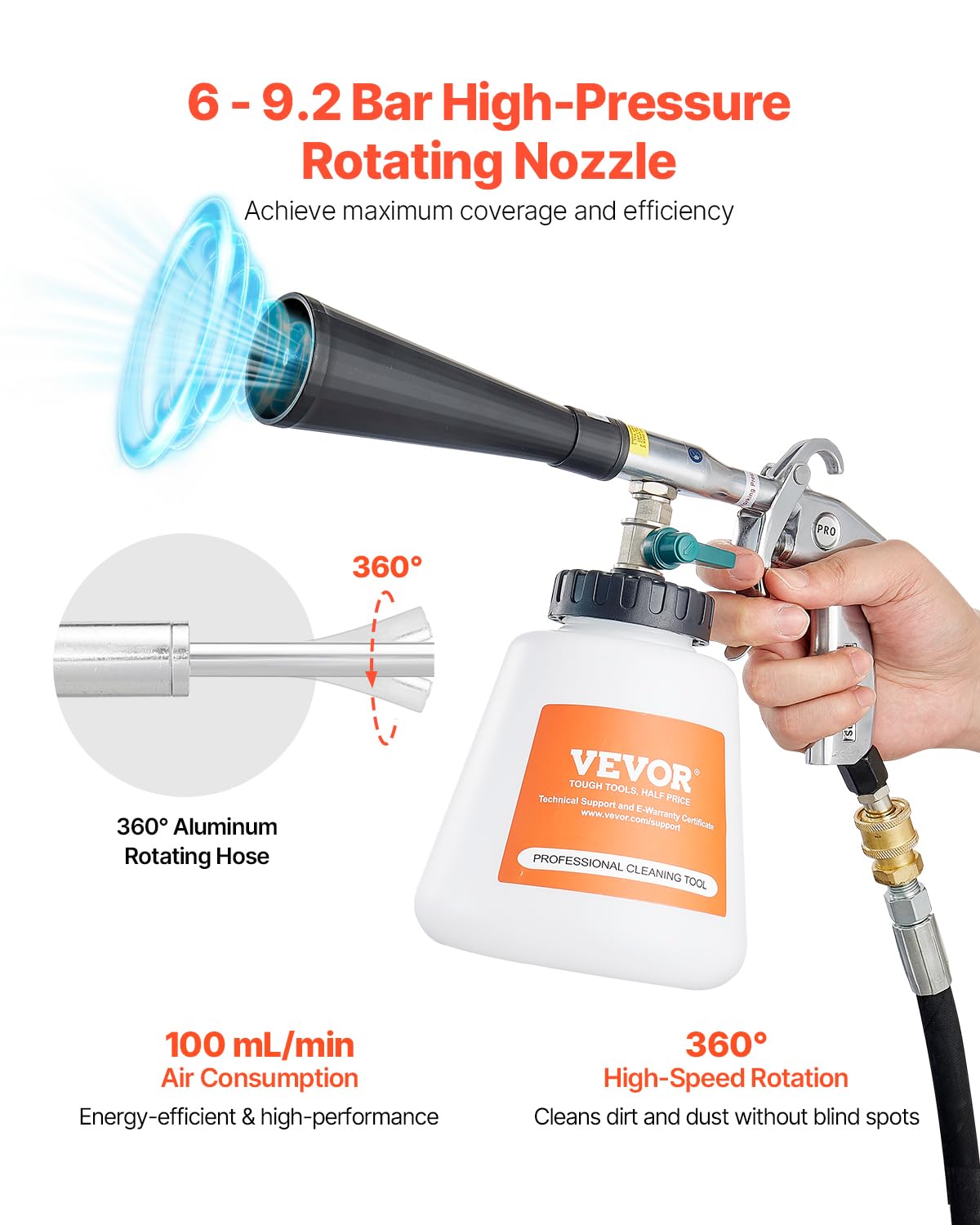 VEVOR Pistola de Limpieza para Automóviles, 80-160 PSI, con 2 Boquillas y Botella de Líquido 1 L, Elimina la Suciedad y el Polvo de la Superficie, para Compresor de Aire NPT, 315 x 225 x 130 mm