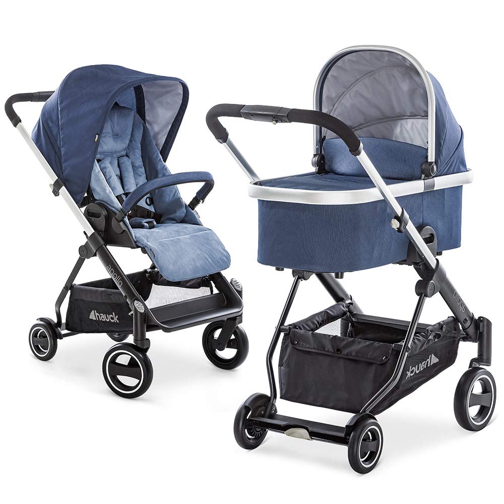 hauck Apollo Duoset Sportwagen + Beindecke + Babywanne, drehbar, bis 25 kg, Reflektoren, höhenverstellbarer Schiebegriff, kompakt faltbar, kompatibel mit Babyschale, schwarz denim/denim Baby