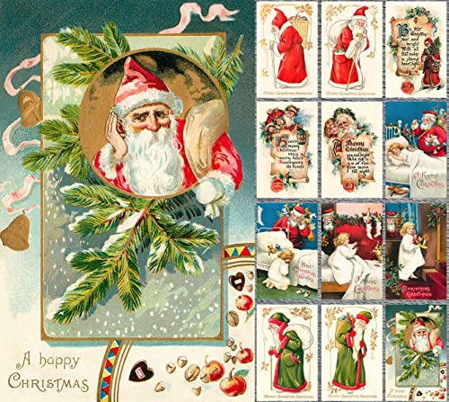 Image of PIXILUV SANTA'S CHRISTMAS SALUTATIONS (Pack of 12) Notecards Small Greeting Cards # Pairs of Santas and Christmas Yuletide Greetings ~ Vintage Christmas Postcards Reprint