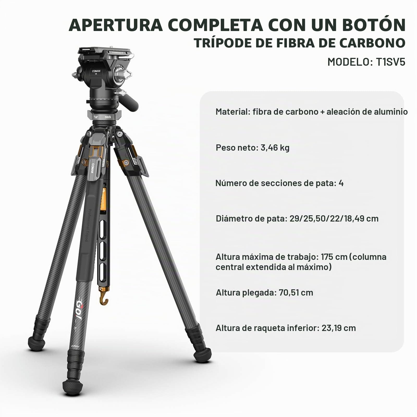 COMAN Trípode Fibra Carbono de Liberación Rápida, Trípode Cámara de 175cm, Patas Cuatro Secciones, ángulo Ajustable Tres Niveles, Equipado con Cabezal Hidráulico V5, Capacidad de Carga Máxima 20kg