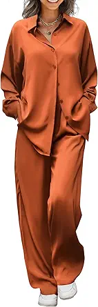 Ekouaer Womens Satin Silky Pajama Set 2 Piece Print PJs Soft Loungewear Button Down Sleepwear with Elastic Waist Long Pants