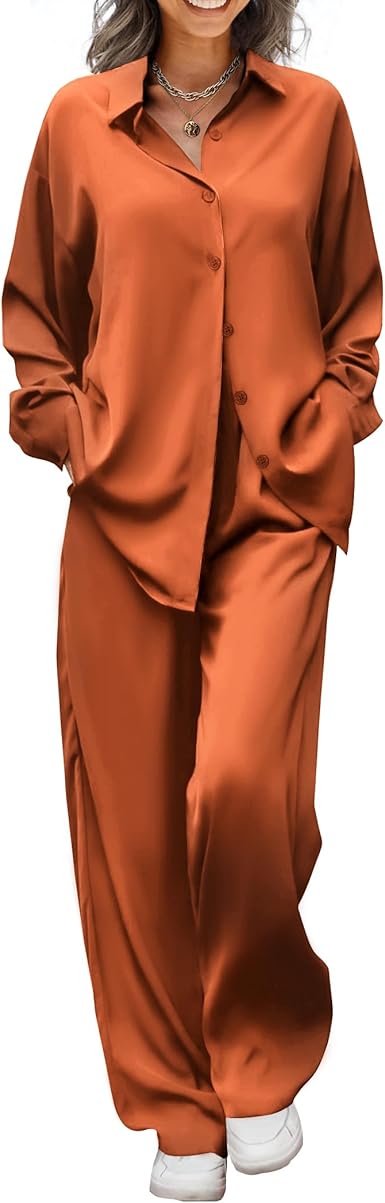 Ekouaer Womens Satin Silky Pajama Set 2 Piece Print PJs Soft Loungewear Button Down Sleepwear with Elastic Waist Long Pants