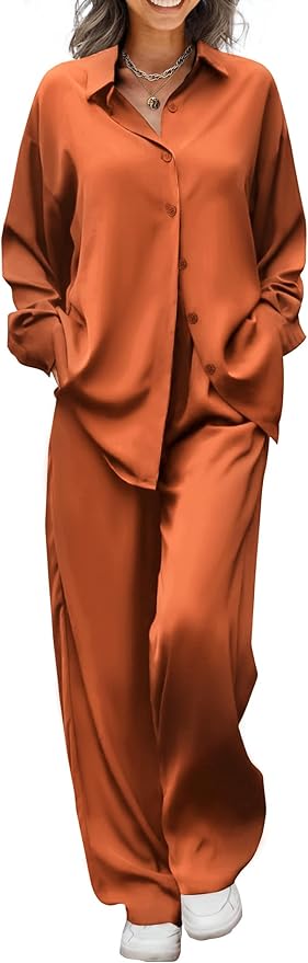 Ekouaer Womens Satin Silky Pajama Set 2 Piece Print PJs Soft Loungewear Button Down Sleepwear with Elastic Waist Long Pants