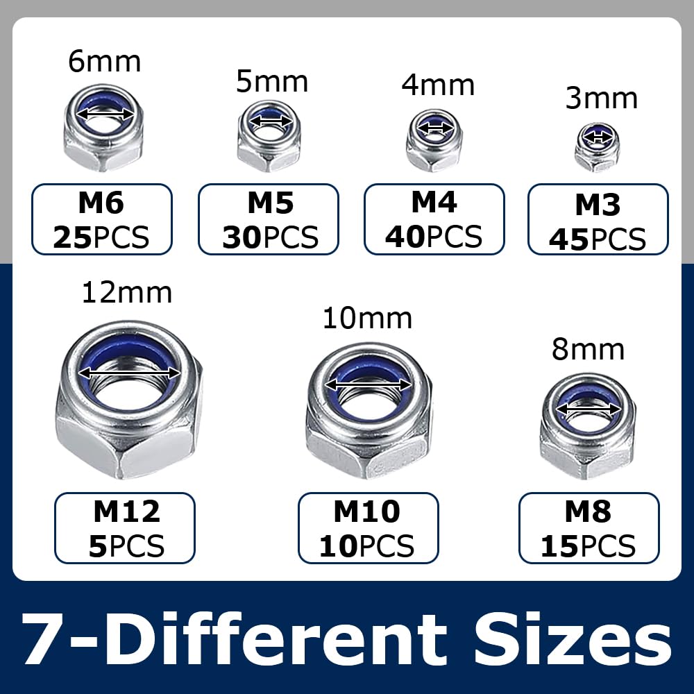 170 PCS Locknut Assortment 7 Sizes Nylock Nuts M3 M4 M5 M6 M8 M10 M12 Threaded Hex Insert Locking Nuts with Plastic Box for Bolts Screws - Image 2