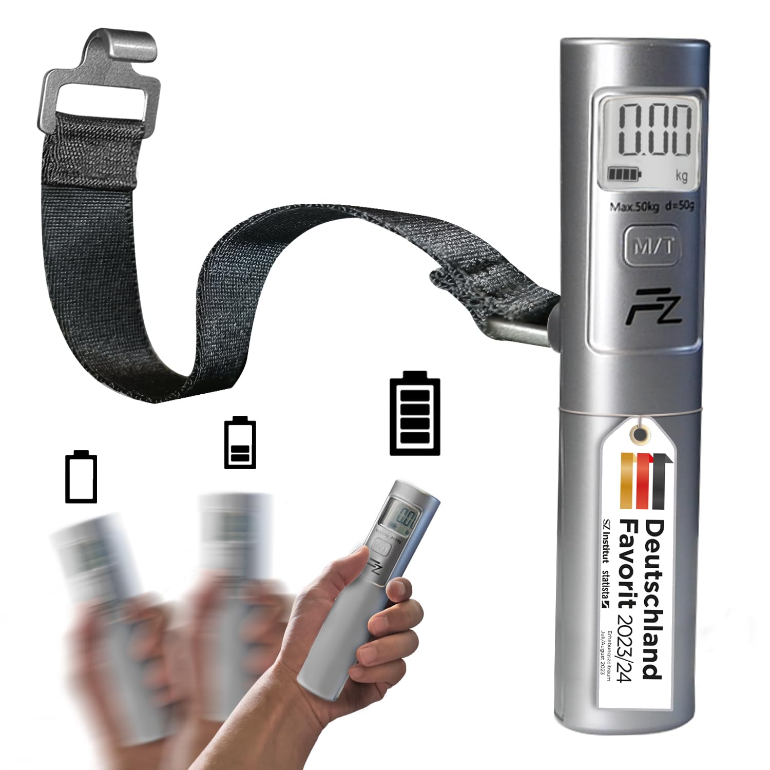 FLOWZOOM Kofferwaage ohne Batterie - Kofferwaage digital mit Haken - Batterielose Gepäckwaage für Koffer - Hängewaage mit Transportbeutel und TARA-Funktion - Luggage Scale - Modell: SHAKEE, silber